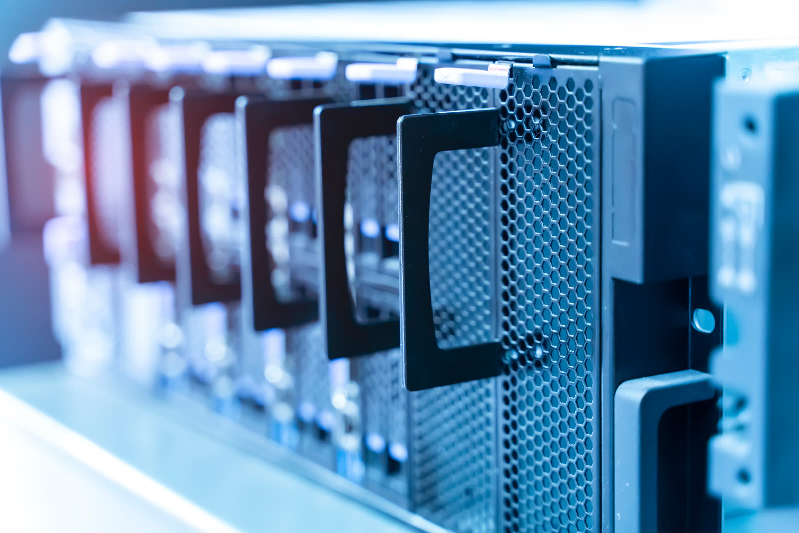 A modern server panel in a Swiss-sovereign data centre — where DjeedX workspace data is hosted on Infomaniak in Geneva