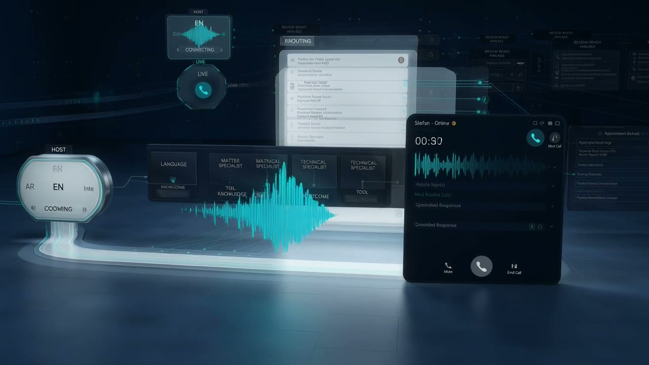 Gateway routing multilingual voice calls through grounded specialist agents and business tools