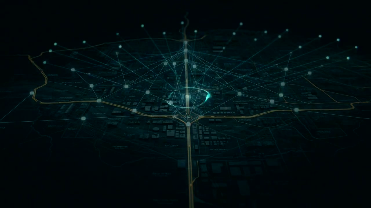 A dark operational intelligence map where source records resolve into connected spatial signals and decision-ready evidence trails